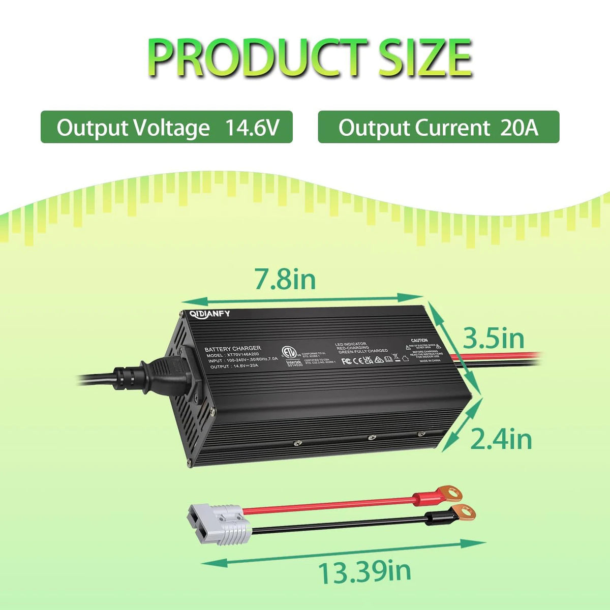 Qidianfy 14.6V 20A LiFePO4 Battery Charger | 12V Lithium Battery Charger
