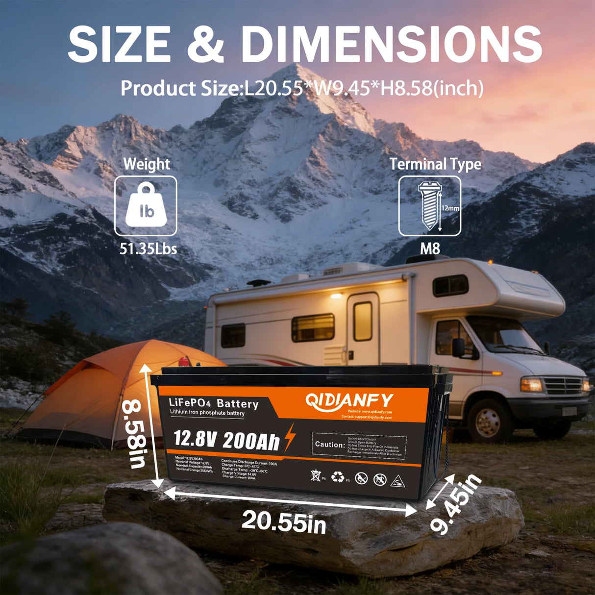 Qidianfy 12V 200Ah LiFePO4 Lithium Battery | 100A BMS