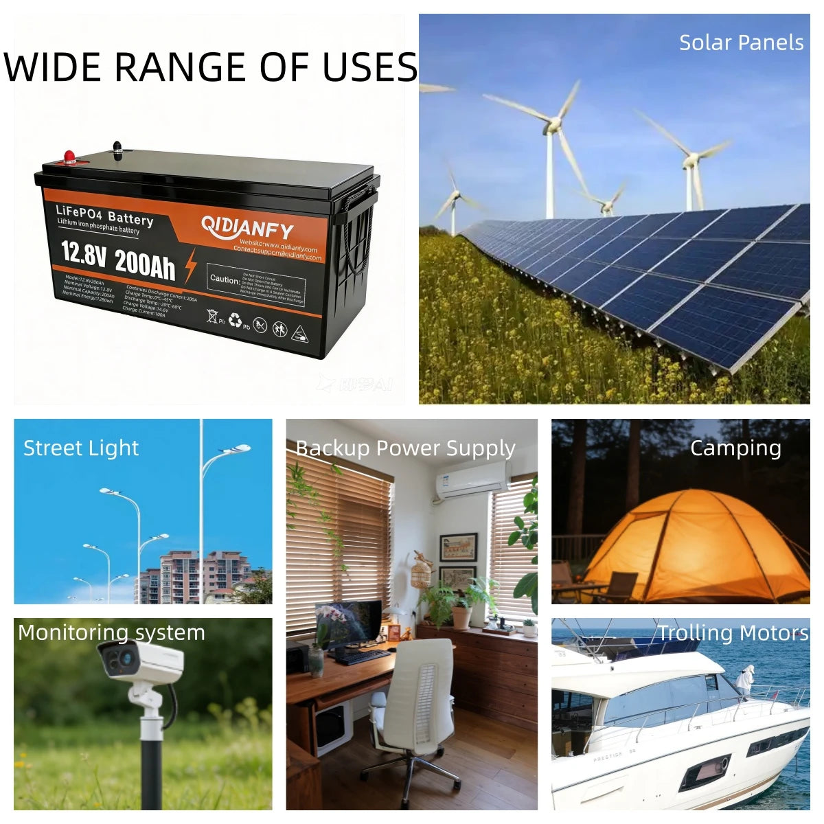 Qidianfy 12V 200Ah LiFePO4 Lithium Battery