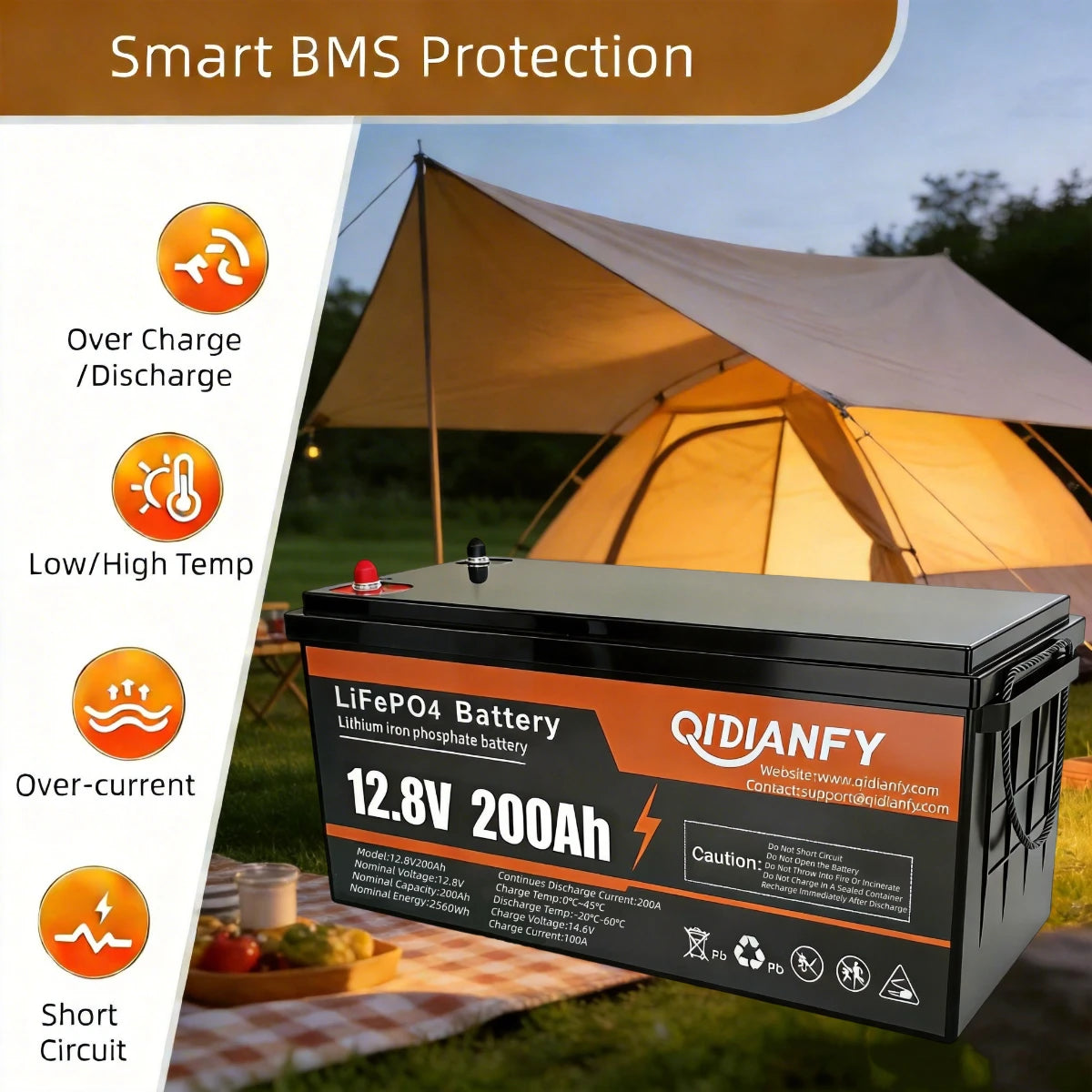 Qidianfy 12V 200Ah LiFePO4 Lithium Battery