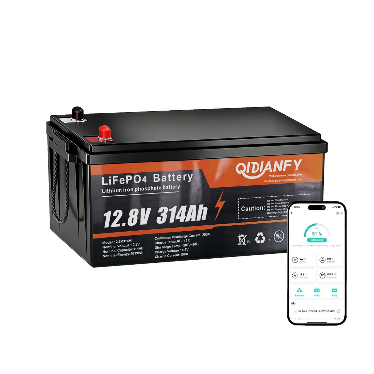 Qidianfy 12V 314Ah LiFePO4 Battery | Bluetooth