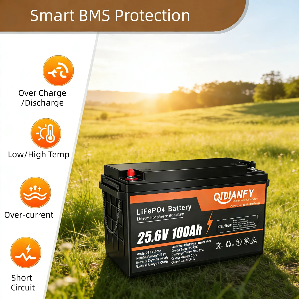 Qidianfy 24V 100Ah LiFePO4 Lithium Battery