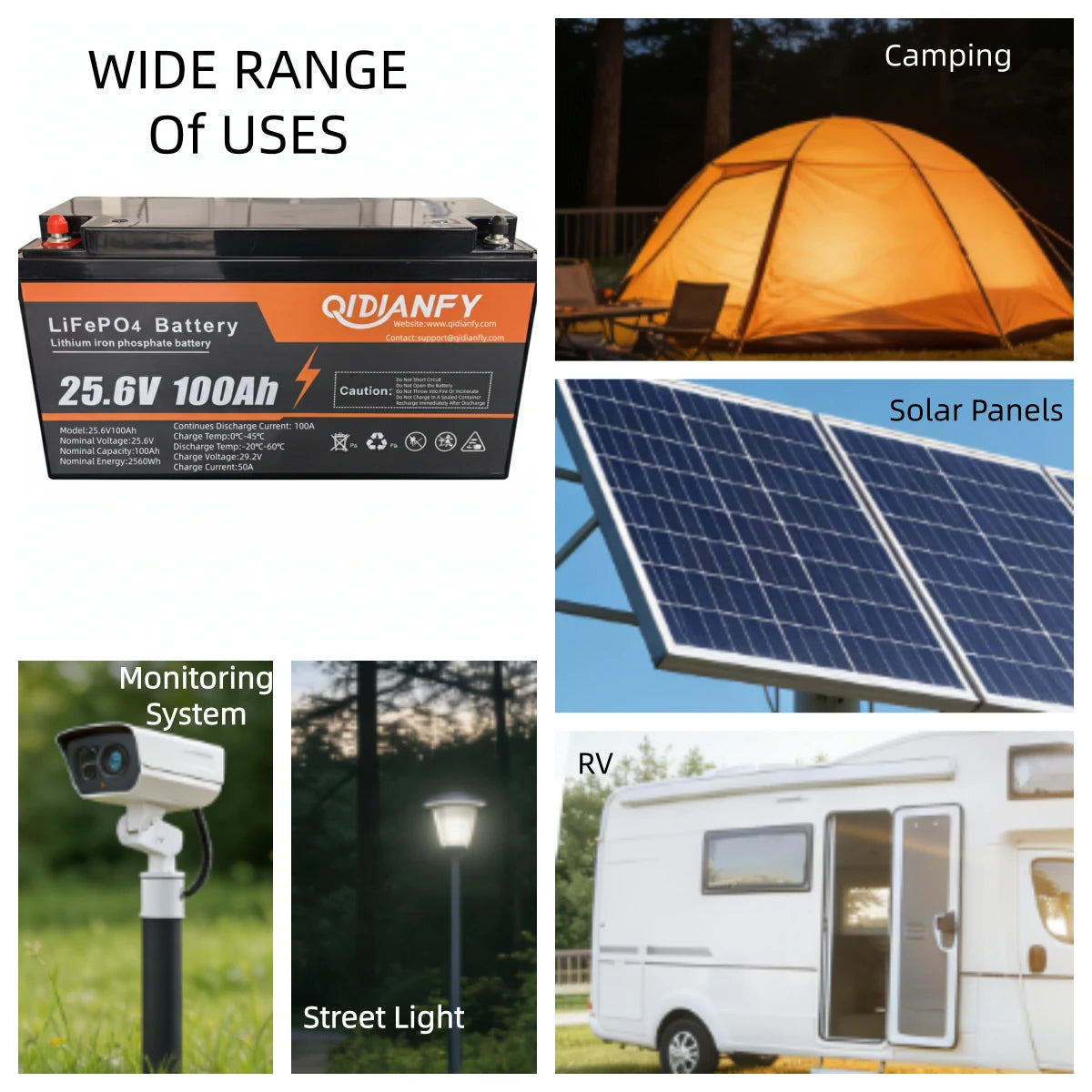 Qidianfy 24V 100Ah LiFePO4 Lithium Battery