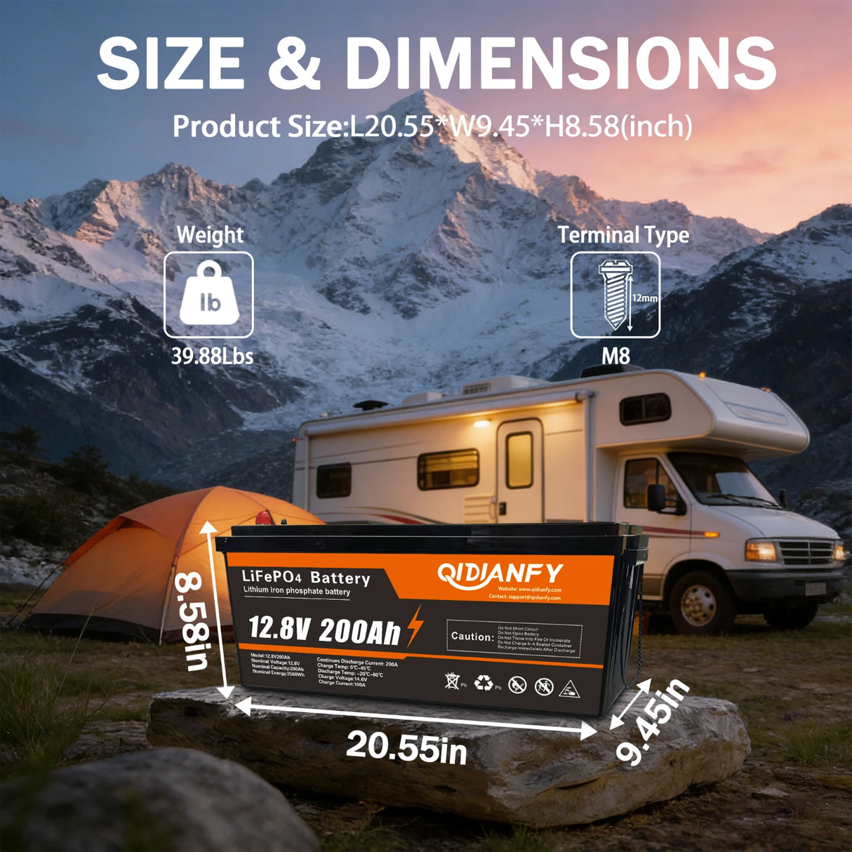 Qidianfy 12V 200Ah LiFePO4 Lithium Battery | 200A BMS