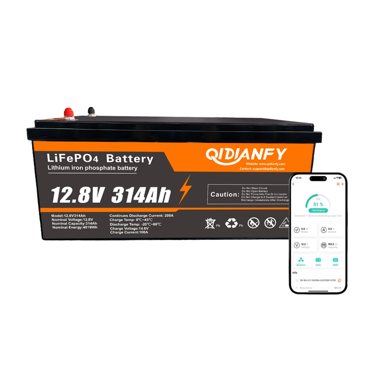 Qidianfy 12V 314Ah LiFePO4 Battery | Bluetooth
