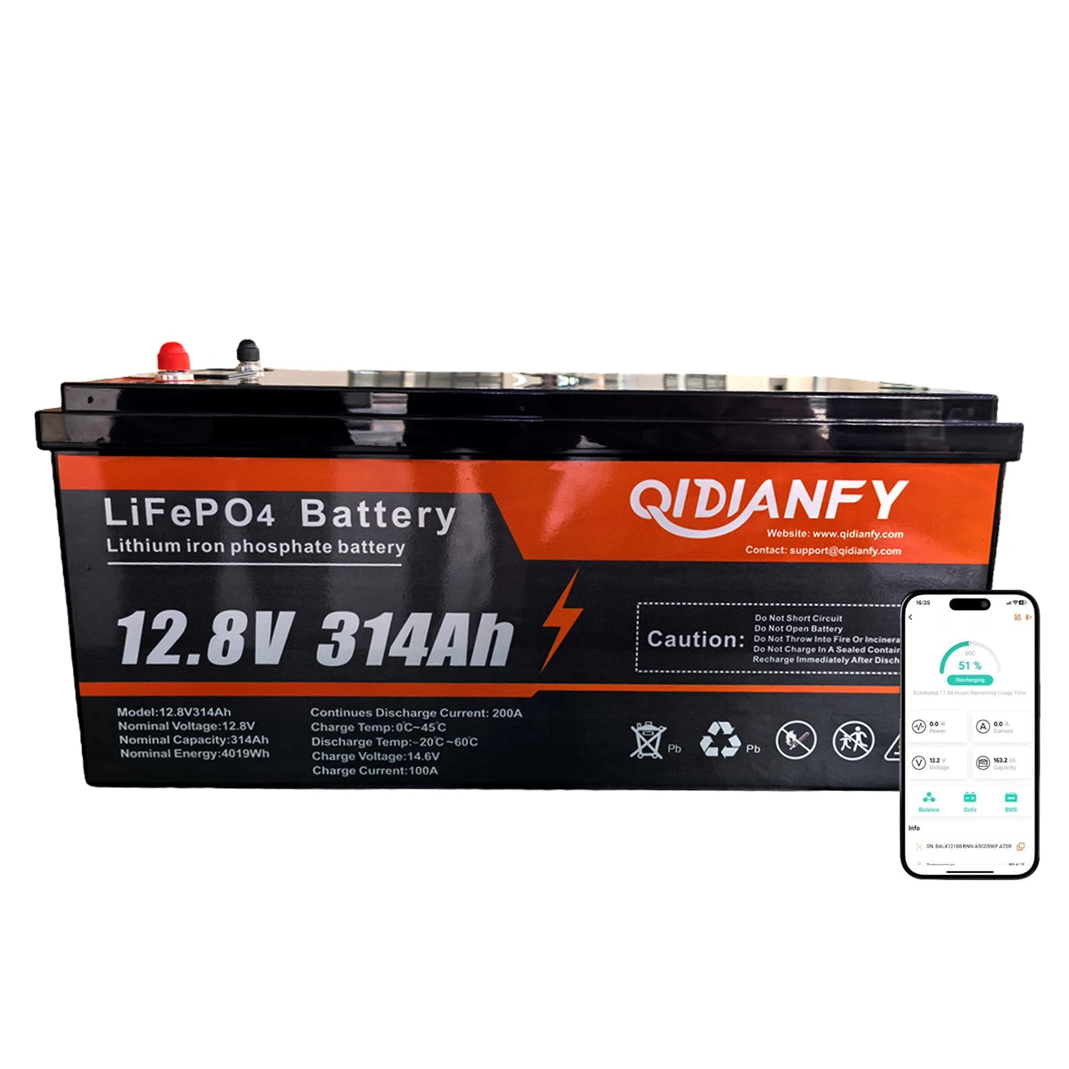 Qidianfy 12V 314Ah LiFePO4 Battery | Bluetooth