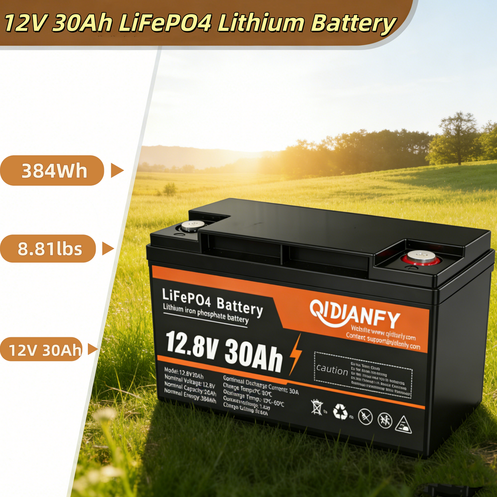 12.8V 30Ah LiFePO4 Lithium Battery | Compact Deep Cycle Power for Backup, Solar & Marine by Qidianfy