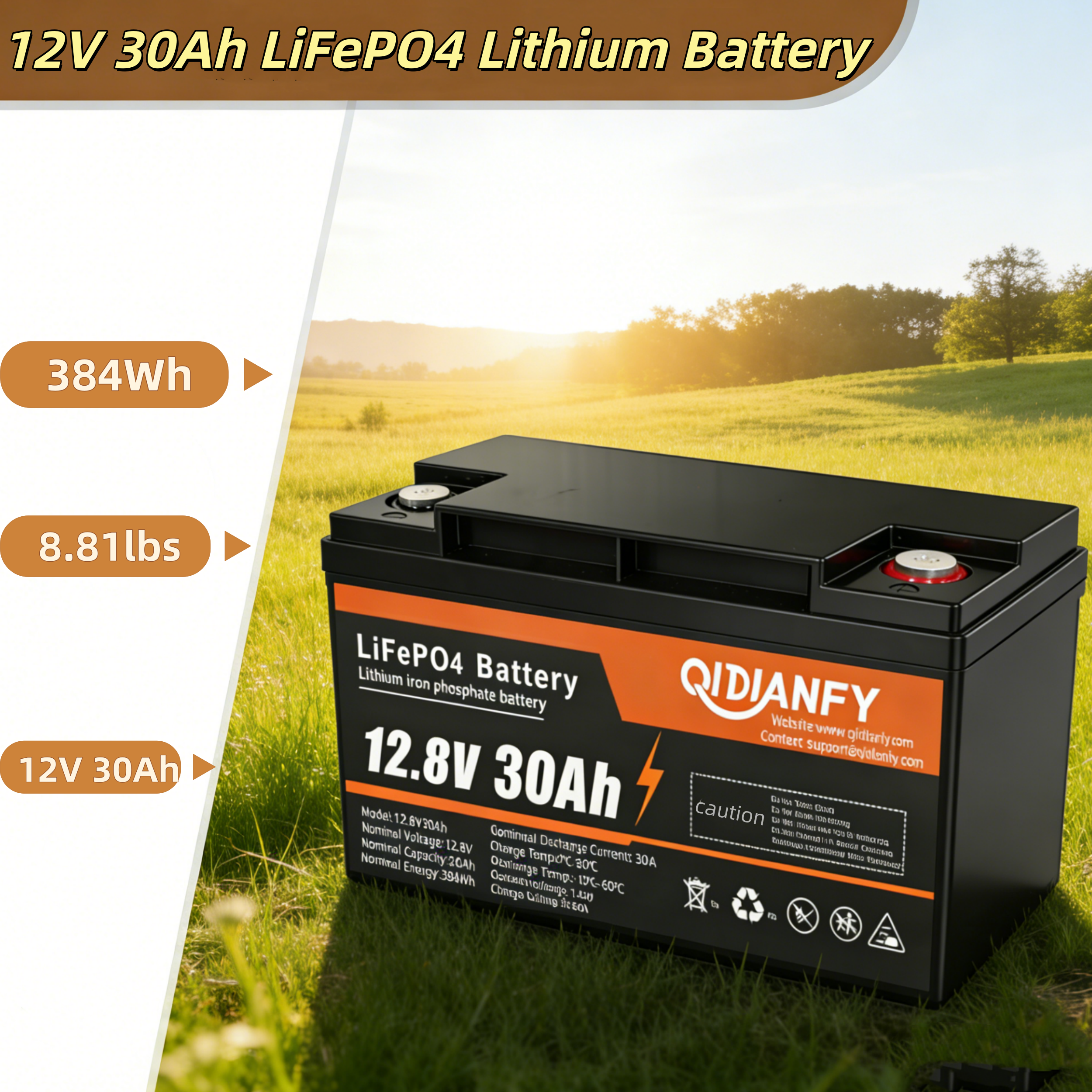 12.8V 30Ah LiFePO4 Lithium Battery | Compact Deep Cycle Power for Backup, Solar & Marine by Qidianfy