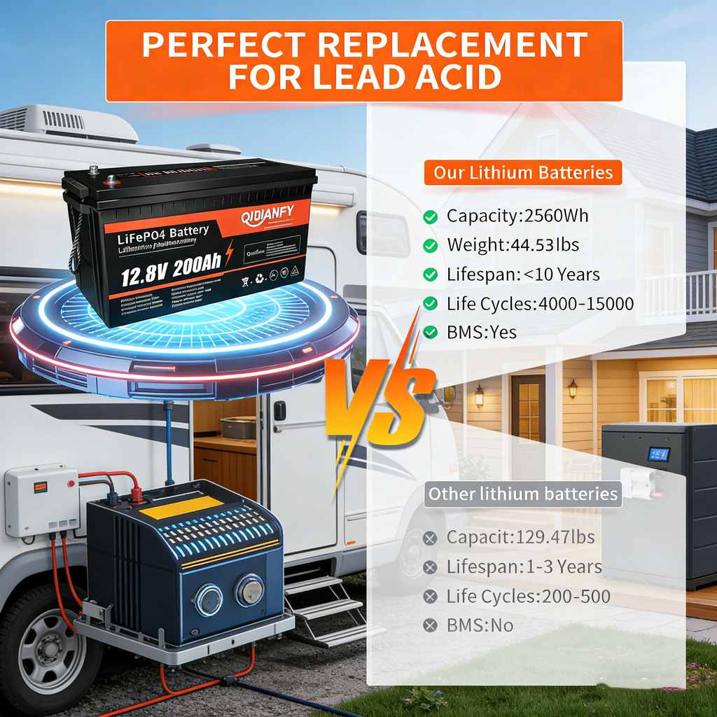 12.8V 200Ah LiFePO4 Lithium Battery | Economy & Bluetooth Options, Deep Cycle for RV & Solar by Qidianfy