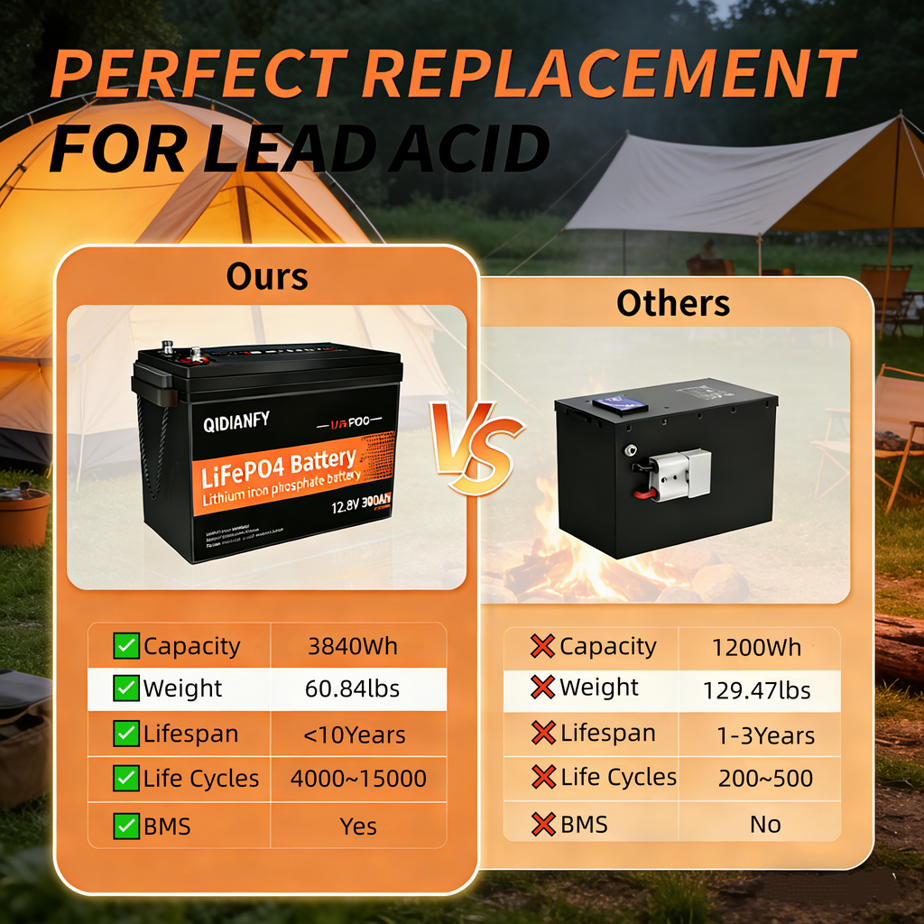 12.8V 300Ah LiFePO4 Lithium Battery | Built-in BMS, Deep Cycle for Solar & RV Storage by Qidianfy