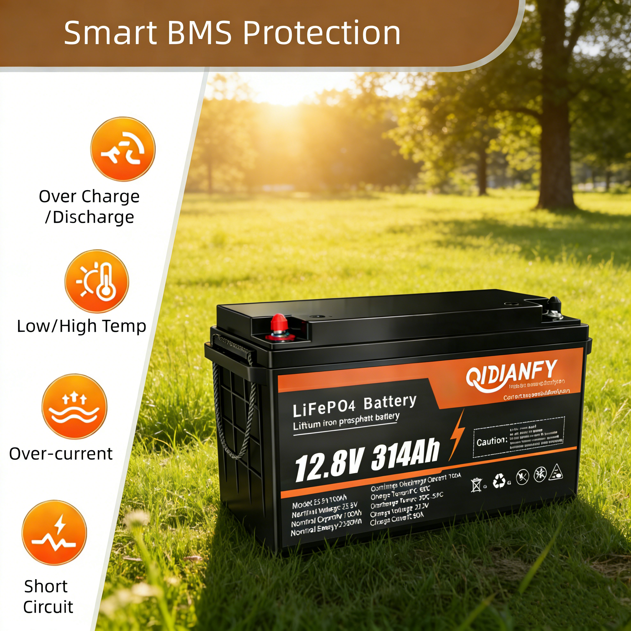 25.6V 314Ah LiFePO4 Lithium Battery with Bluetooth | RV Air Conditioner Dedicated, 200A BMS, Low-Temp Protection by Qidianfy