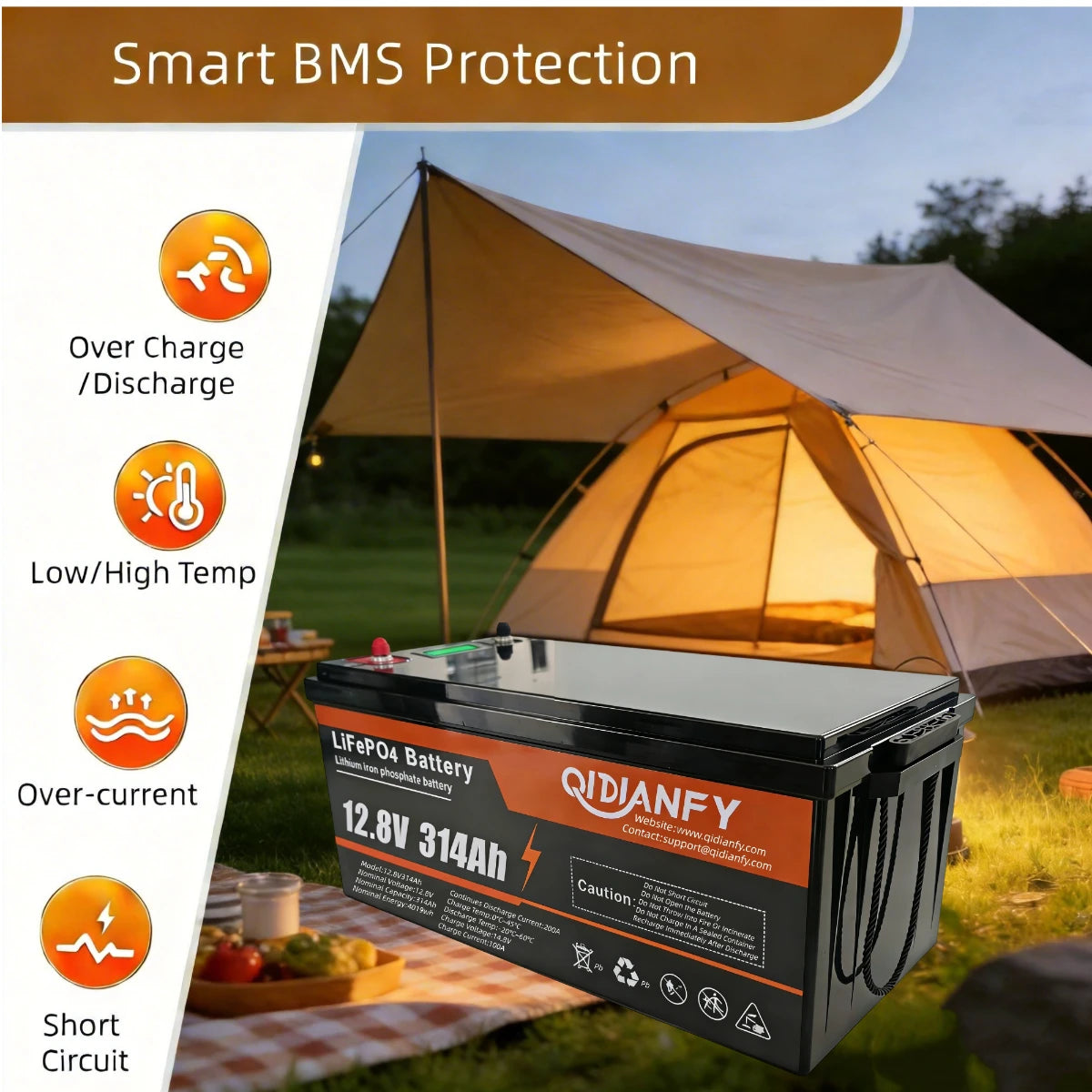 Qidianfy 12V 314Ah LiFePO4 Lithium Battery | LCD Display