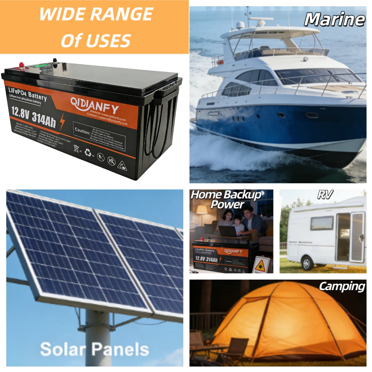 Qidianfy 12V 314Ah LiFePO4 Lithium Battery | LCD Display