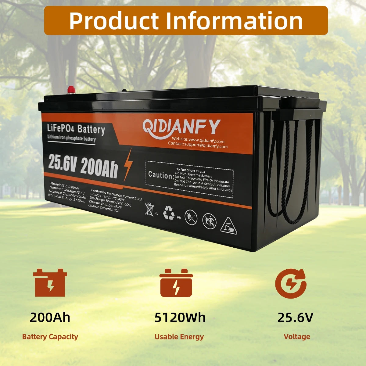 Qidianfy 24V 200Ah LiFePO4 Lithium Battery | 100A BMS