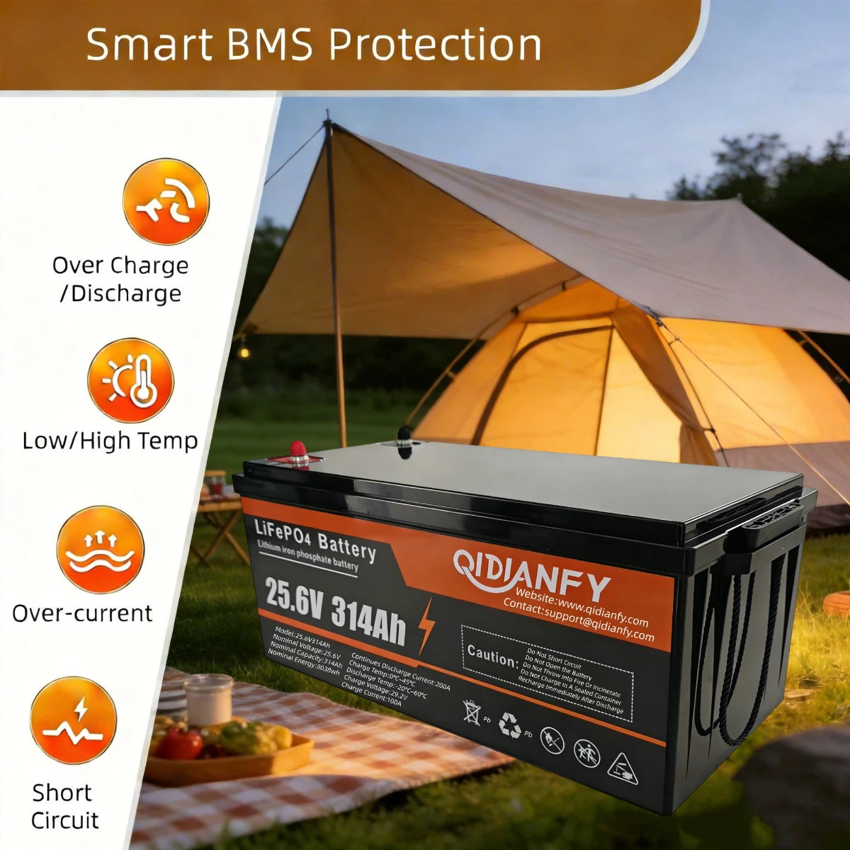 Qidianfy 24V 314Ah LiFePO4 Lithium Battery | Bluetooth