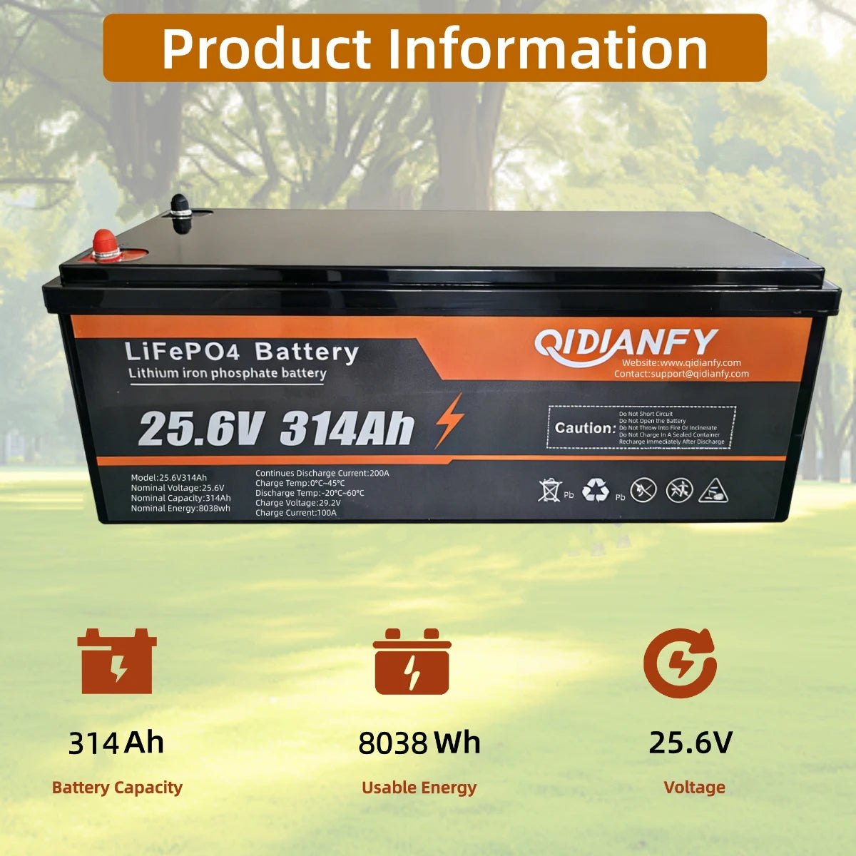 Qidianfy 24V 314Ah LiFePO4 Lithium Battery | Bluetooth