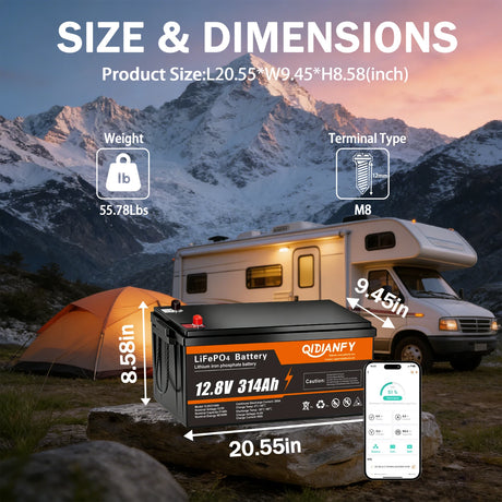 Qidianfy 12V 314Ah LiFePO4 Battery | Bluetooth