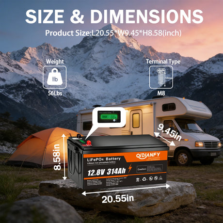 Qidianfy 12V 314Ah LiFePO4 Lithium Battery | LCD Display
