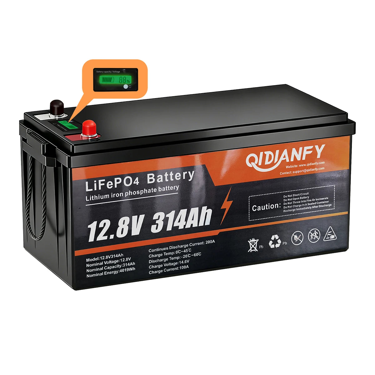 Qidianfy 12V 314Ah LiFePO4 Lithium Battery | LCD Display