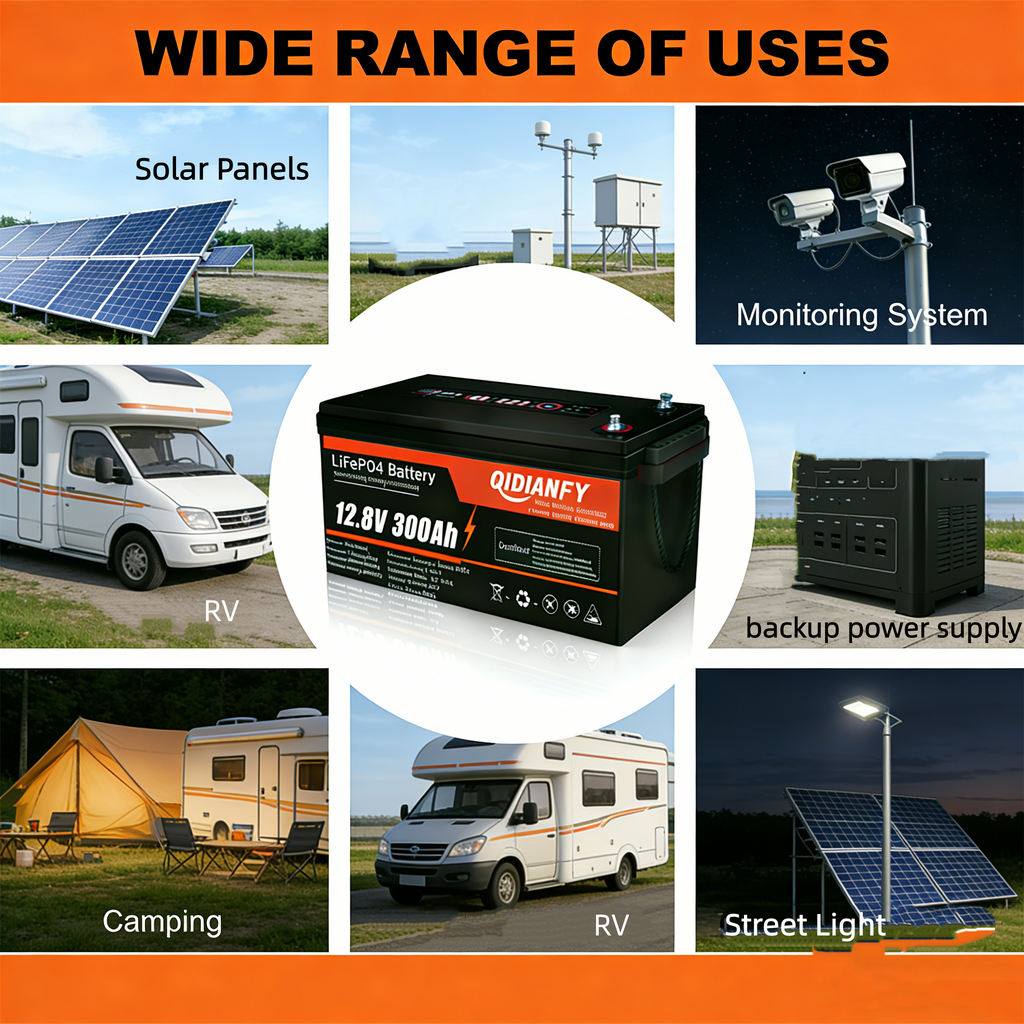 12.8V 300Ah LiFePO4 Lithium Battery | Built-in BMS, Deep Cycle for Solar & RV Storage by Qidianfy